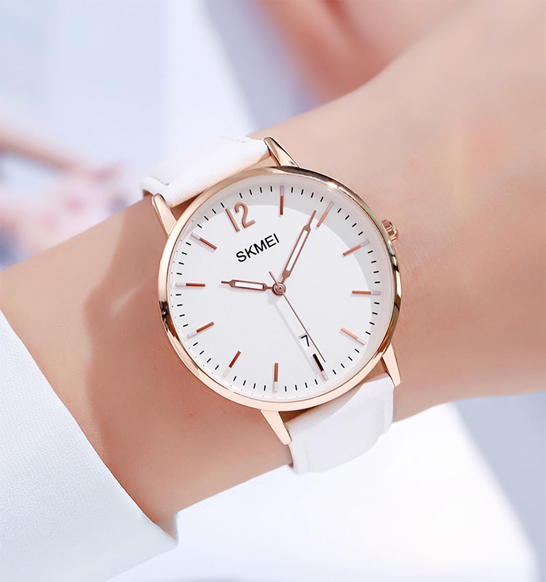 Skmei Women's Ladies Watch Classic Clear Dial Date Display Genuine Leather Strap White