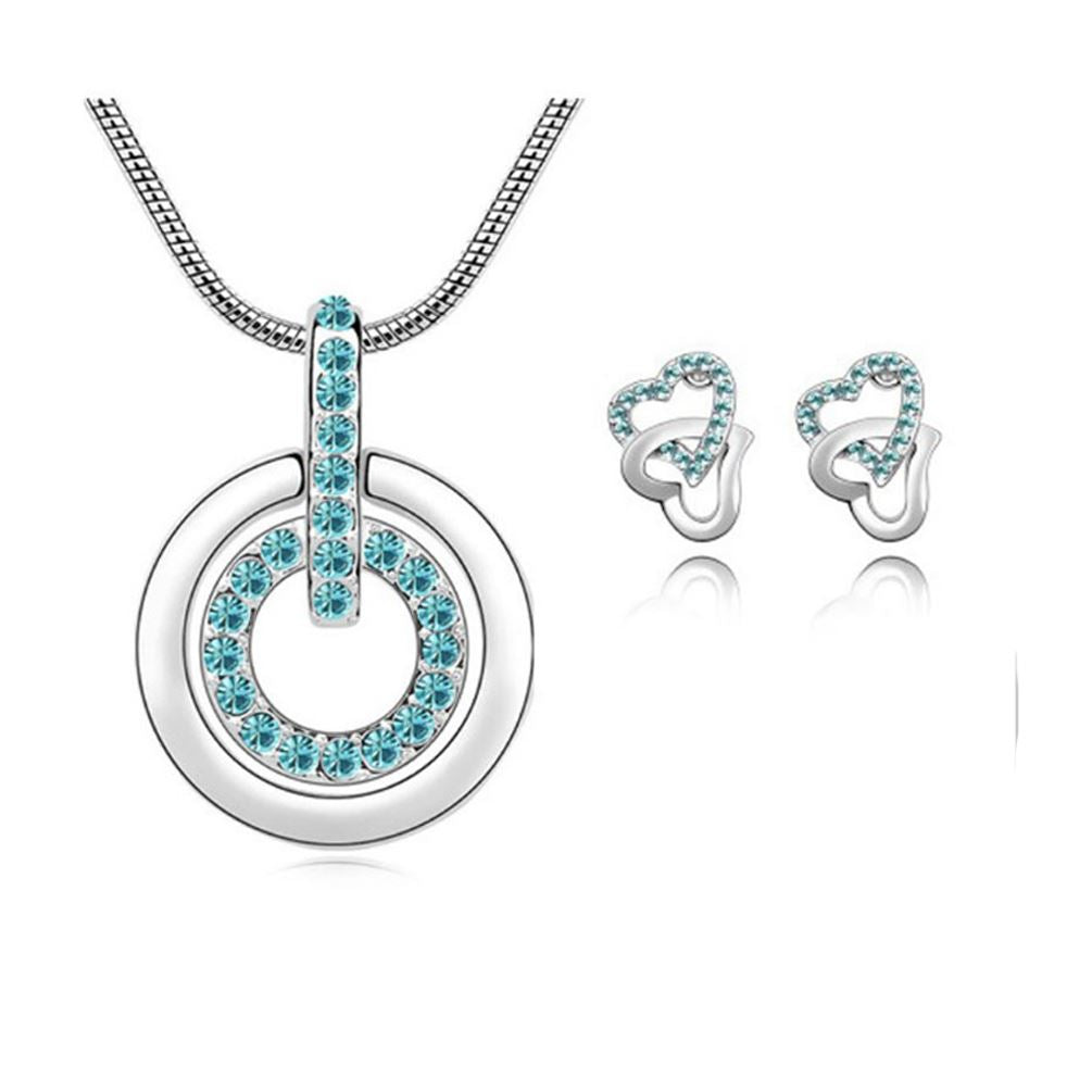 Women's Sky Blue Circle Pendant Necklace With Matching Love Heart Earrings Set UK