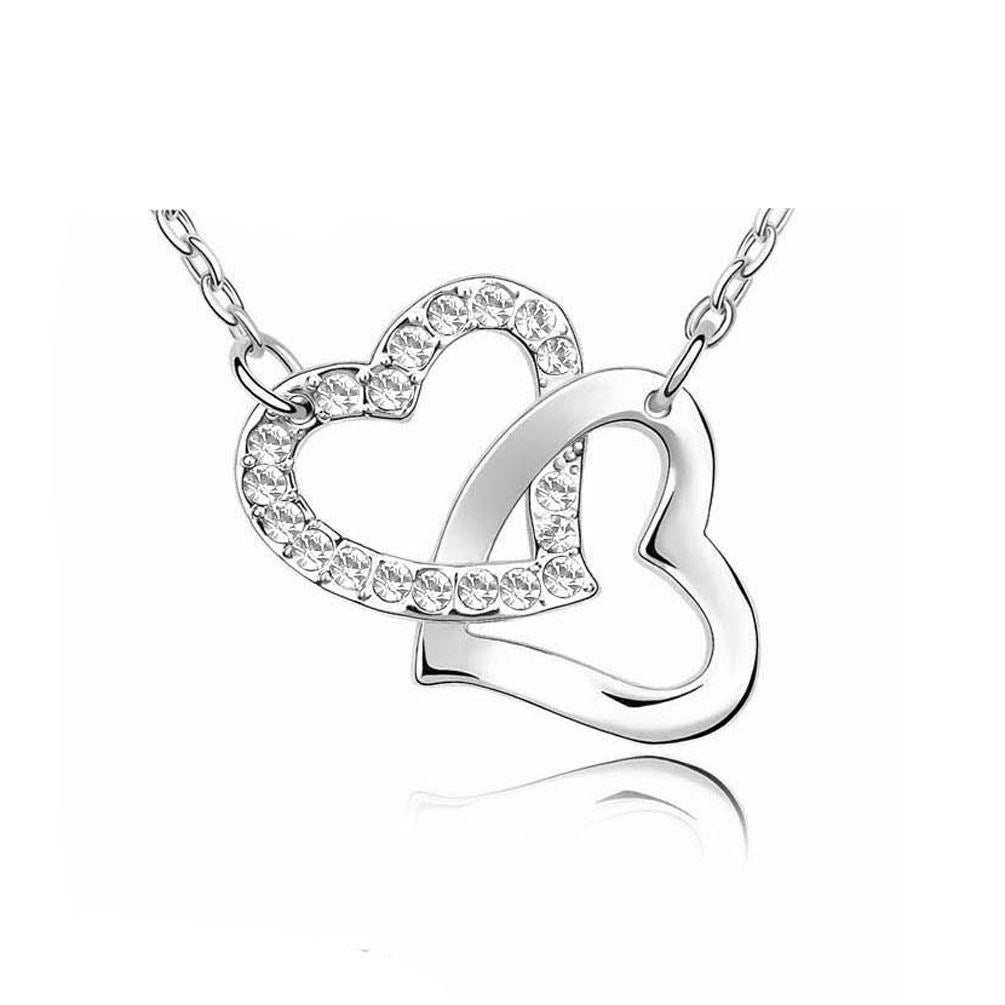 Women's Silver Tone Love Intertwined Heart Pendant Necklace Clear Stones UK Seller