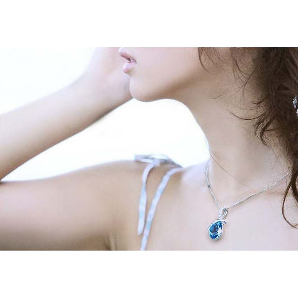 Sky BlueTeardrop Women's Pendant Necklace Crystal Stones Ribbon Design Jewellery UK Seller