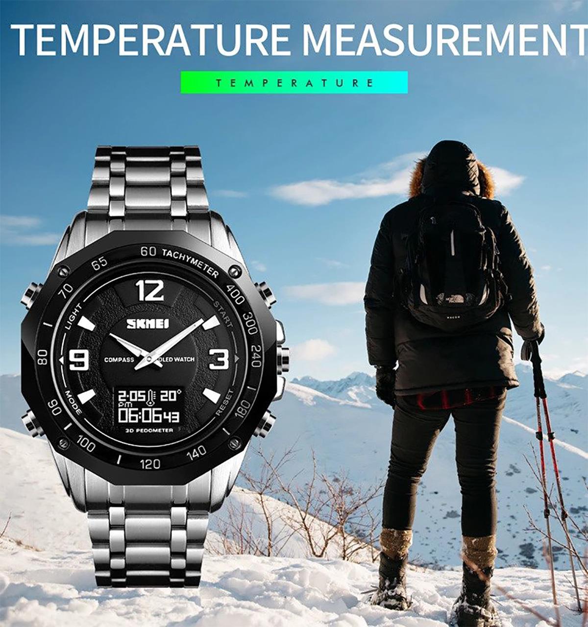 Skmei Dual Time Gadget Watch Pedometer Stopwatch Countdown Alarm Compass Stainless Steep Strap