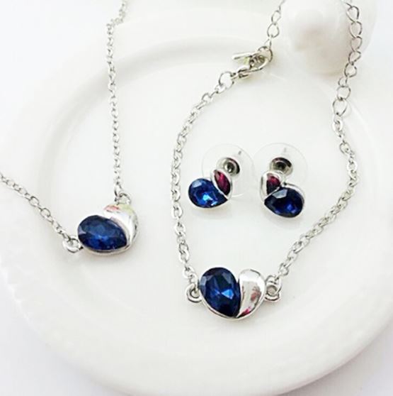 Dark Blue Designer Love Heart Themed Jewellery Necklace Bracelet & Earrings Set