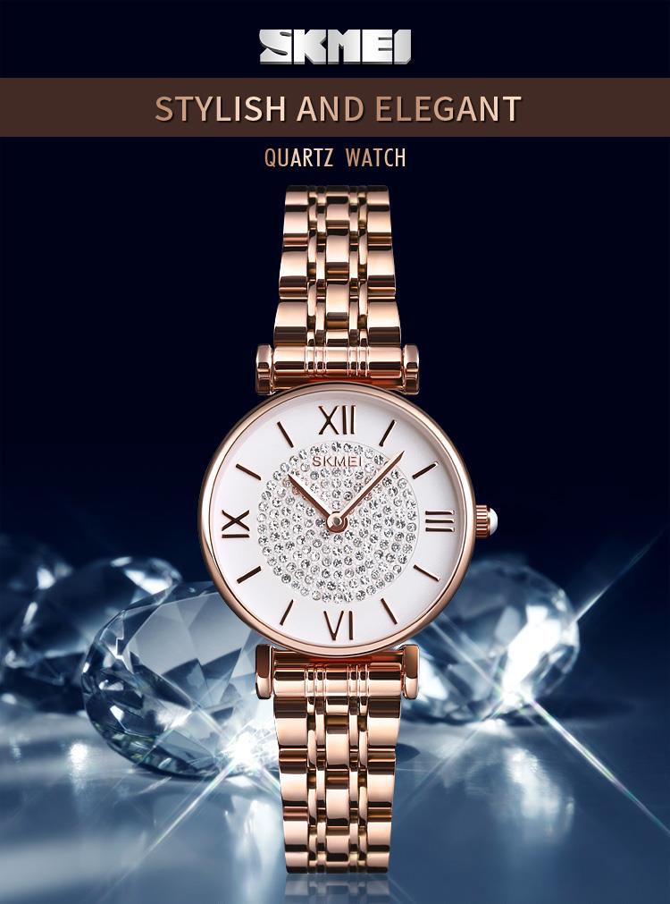 Skmei Women's Watch Rose Gold Classic Sparkle Clear Dial Crystal Stones Stainless Steel Strap