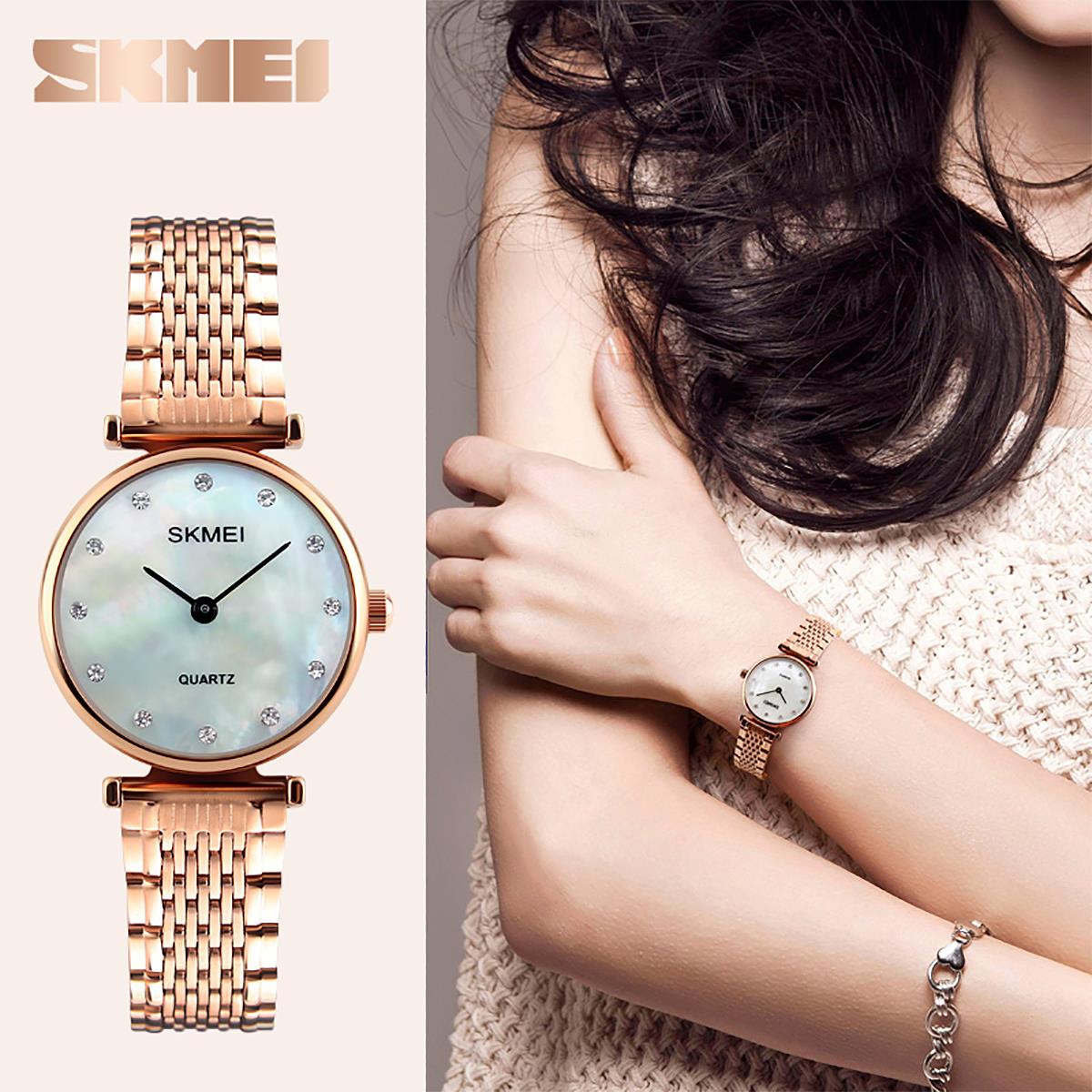 Skmei Women's Ladies Watch Rose Gold Mother Of Pearl Mesh Strap Crystal Stones SK1223