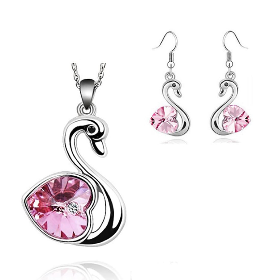 Beautiful Crystal Love Pink Heart In A Swan Jewellery Set Earrings And Matching Necklace