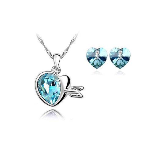 Crystal Love Hearts Silver Elegant Drop Earrings & Necklace Jewellery Set Blue