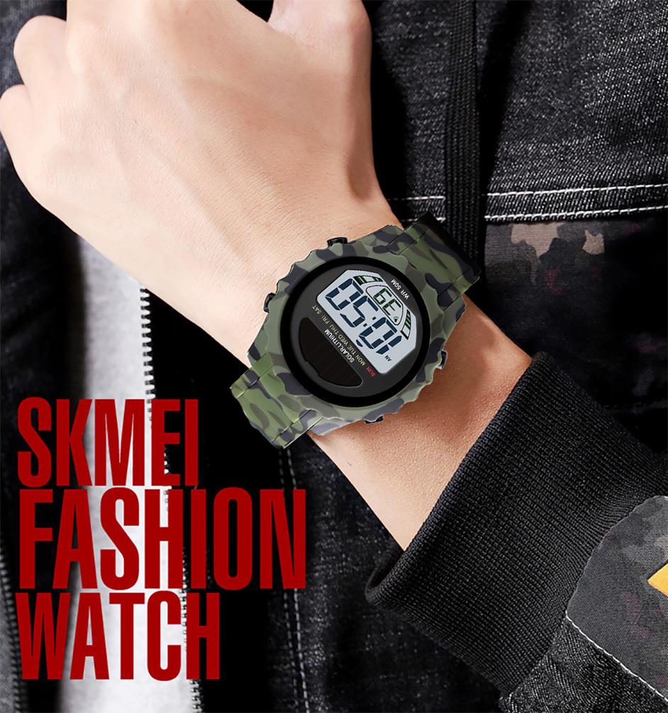 Skmei Mens Solar Powered Digital Watch ResinStrap Alarm Stopwatch Camo Green Light