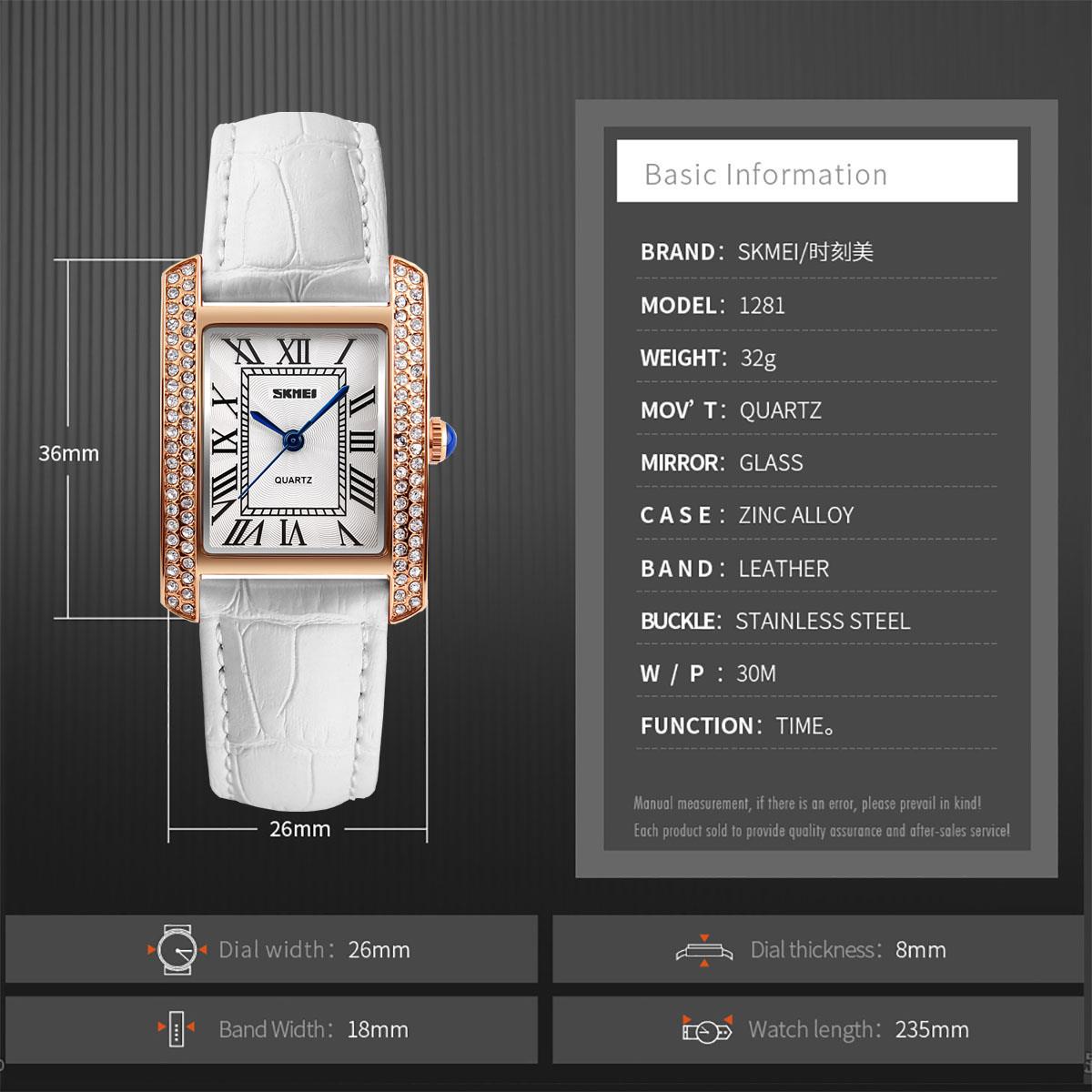 Skmei Women's Watch Classic Roman Genuine Leather Crystal Stones White Rose Gold