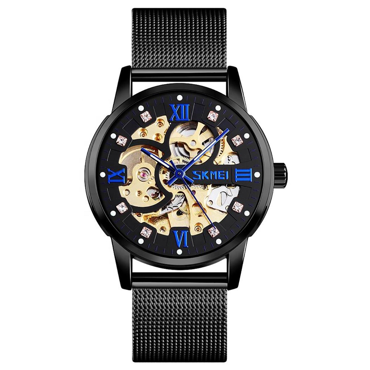 Skmei Mens Black Automatic Movement Skeleton Steampunk Watch Metal Mesh Strap With Crystal Stone Encrusted Hour Markers Collector SK9199