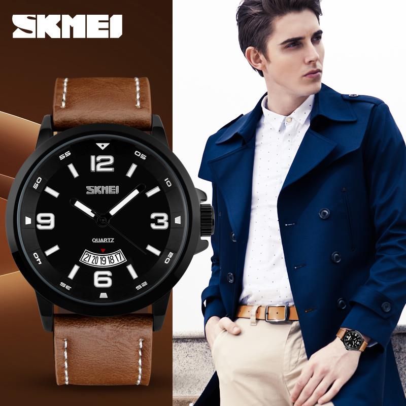 Skmei Mens Watch Brown Genuine Leather Strap Date Display Window SK9115BLA