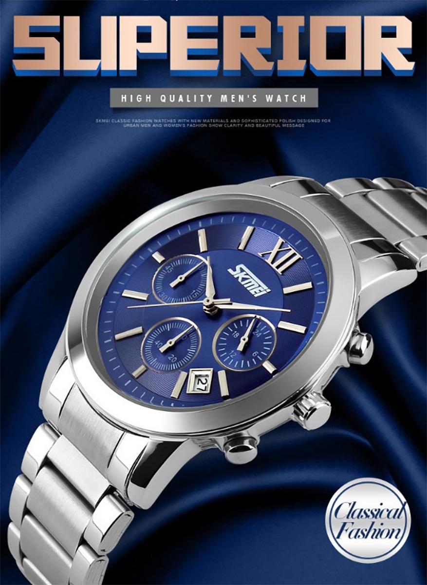 Skmei Mens Blue Chronograph Watch Multi Dial Date Display Steel Strap UK