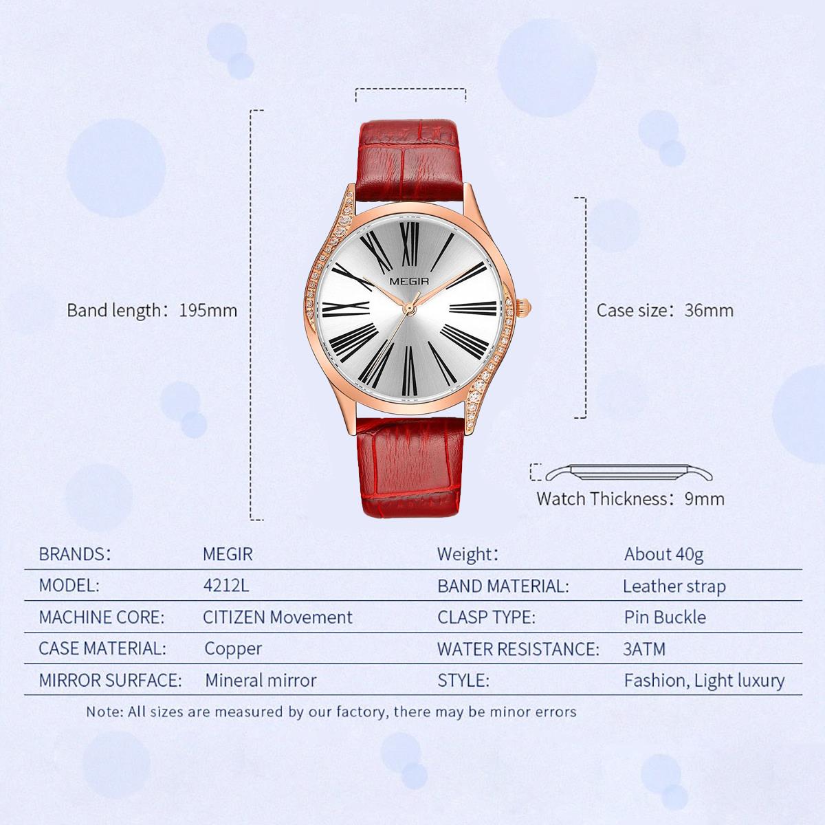 Megir Ladies Round Quartz Analogue Luxury Watch Rose Gold Watches Red Leather UK