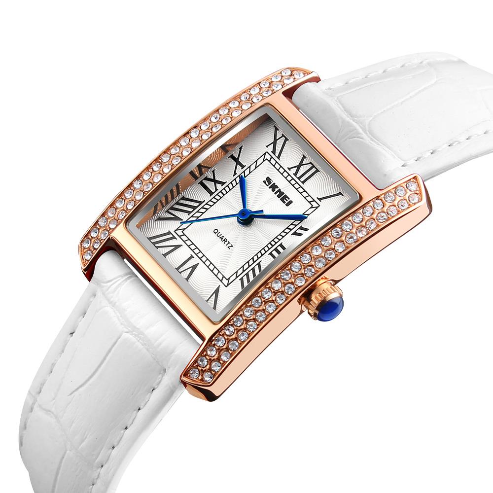 Skmei Women's Watch Classic Roman Genuine Leather Crystal Stones White Rose Gold