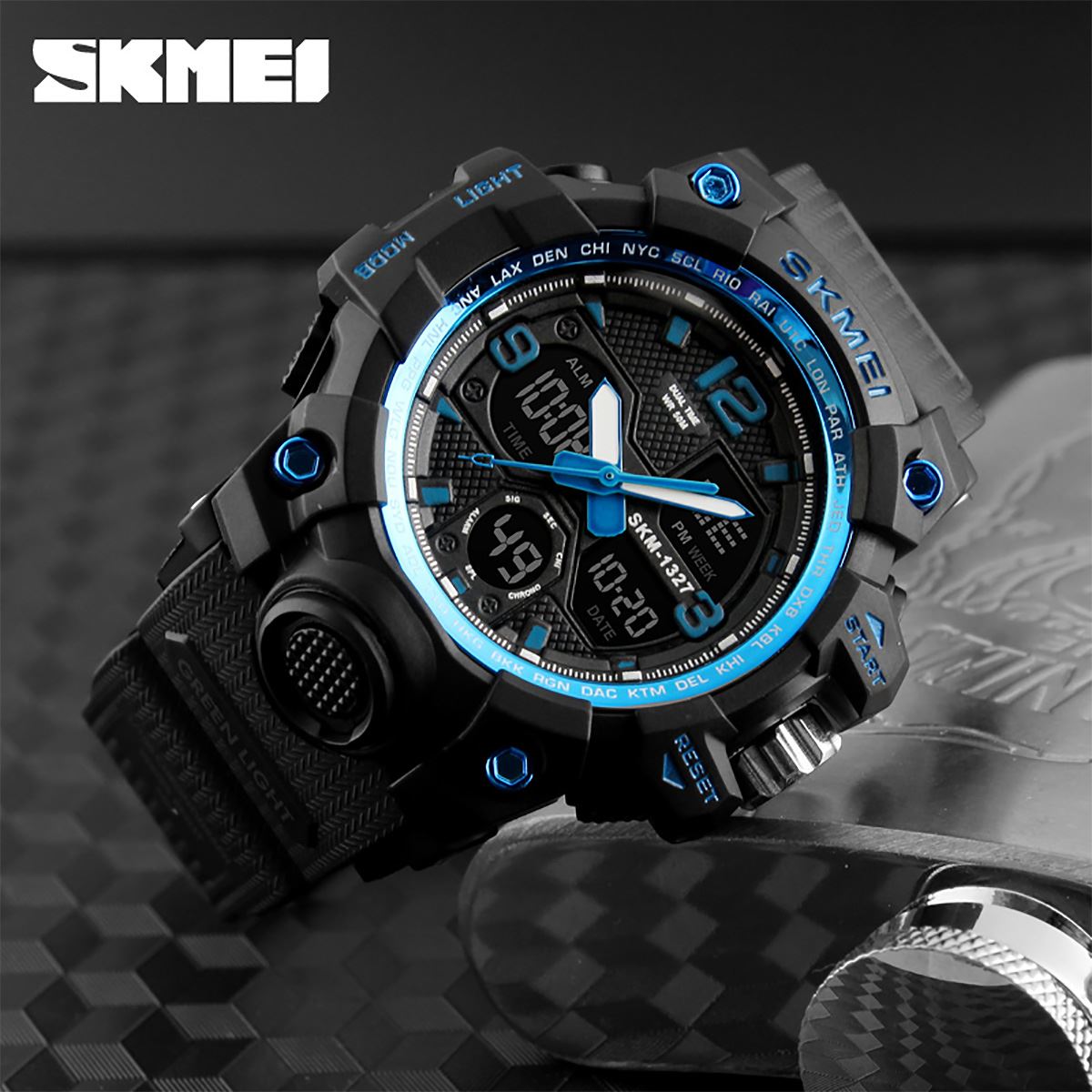 SKMEI Mens Large Dual Analogue And Digital Display Blue Watch Resin Strap Stopwatch Alarm DG1327BLU