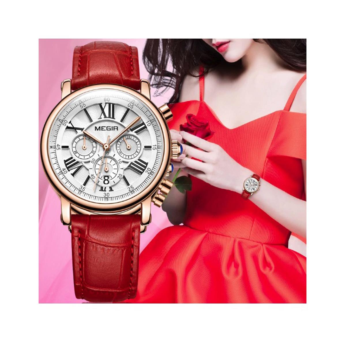 Megir Ladies Round Quartz Analogue Watch Red Rose Gold Smart Watches Leather