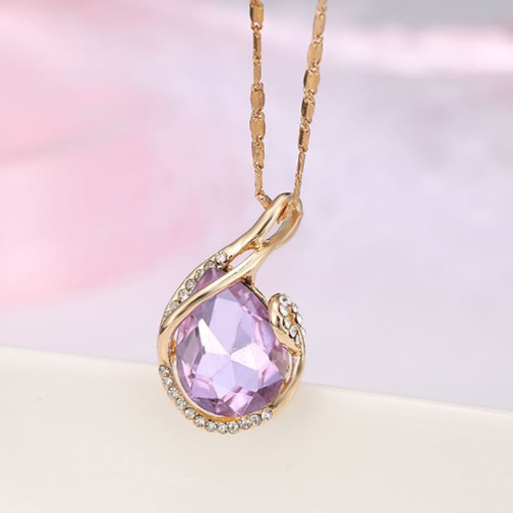 Women's Large Light Purple Teardrop Stone Pendant Necklace Gold Tone Cradle With Stones