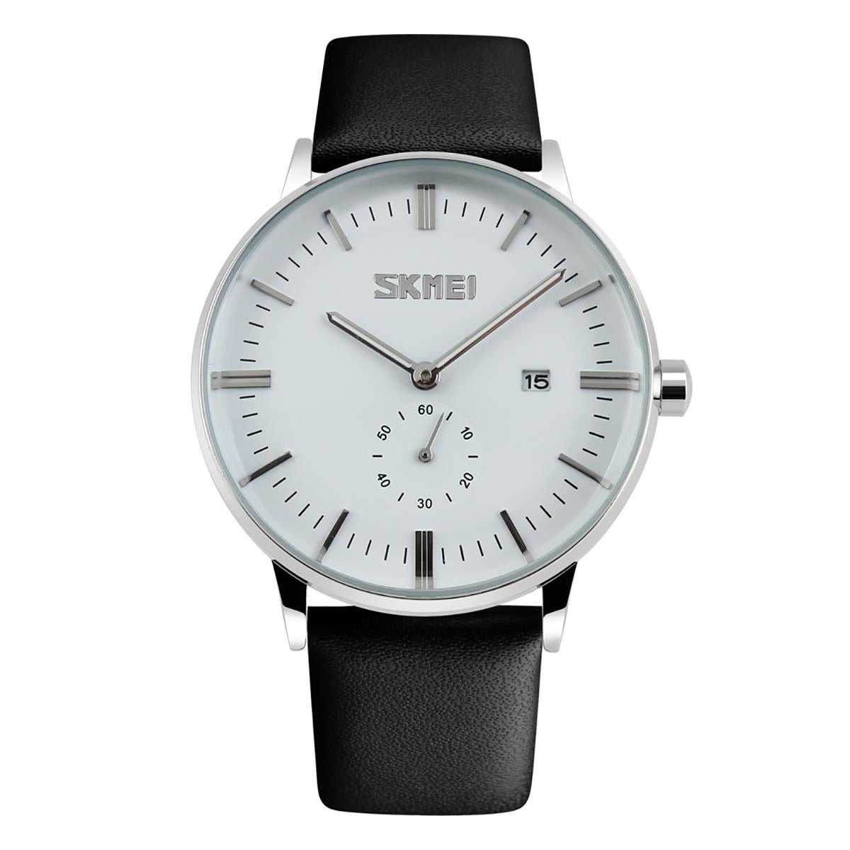 Skmei Mens White Classic Watch Genuine Leather Strap Date Display SK9083