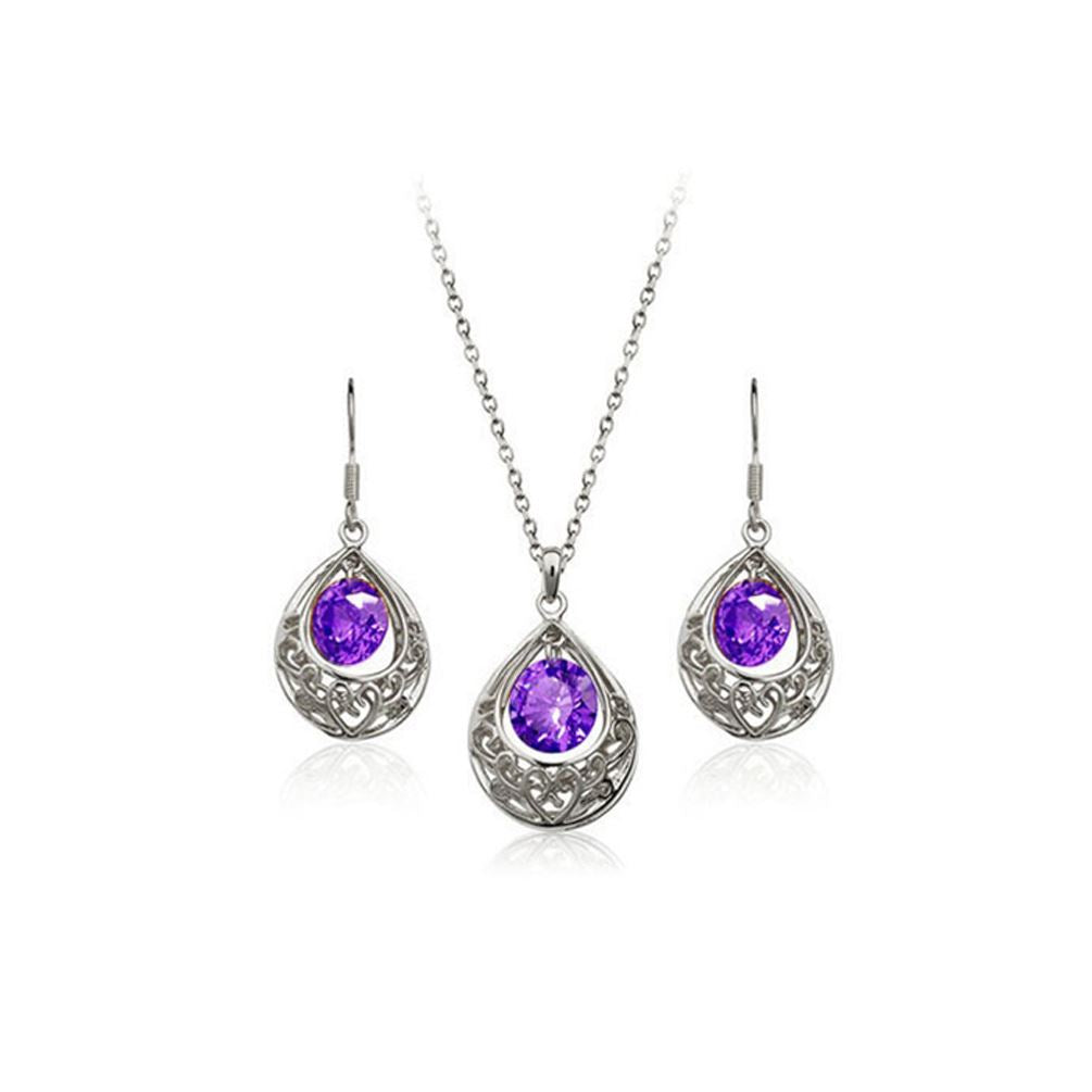 Womens Silver & Purple Hollow Teardrop Jewellery Set Drop Earrings & Necklace