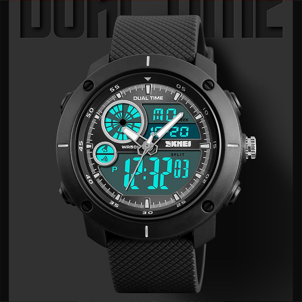 SKMEI Mens Black Dual Time Very Large Digital And Analogue Watch With Rubber Strap DG1361