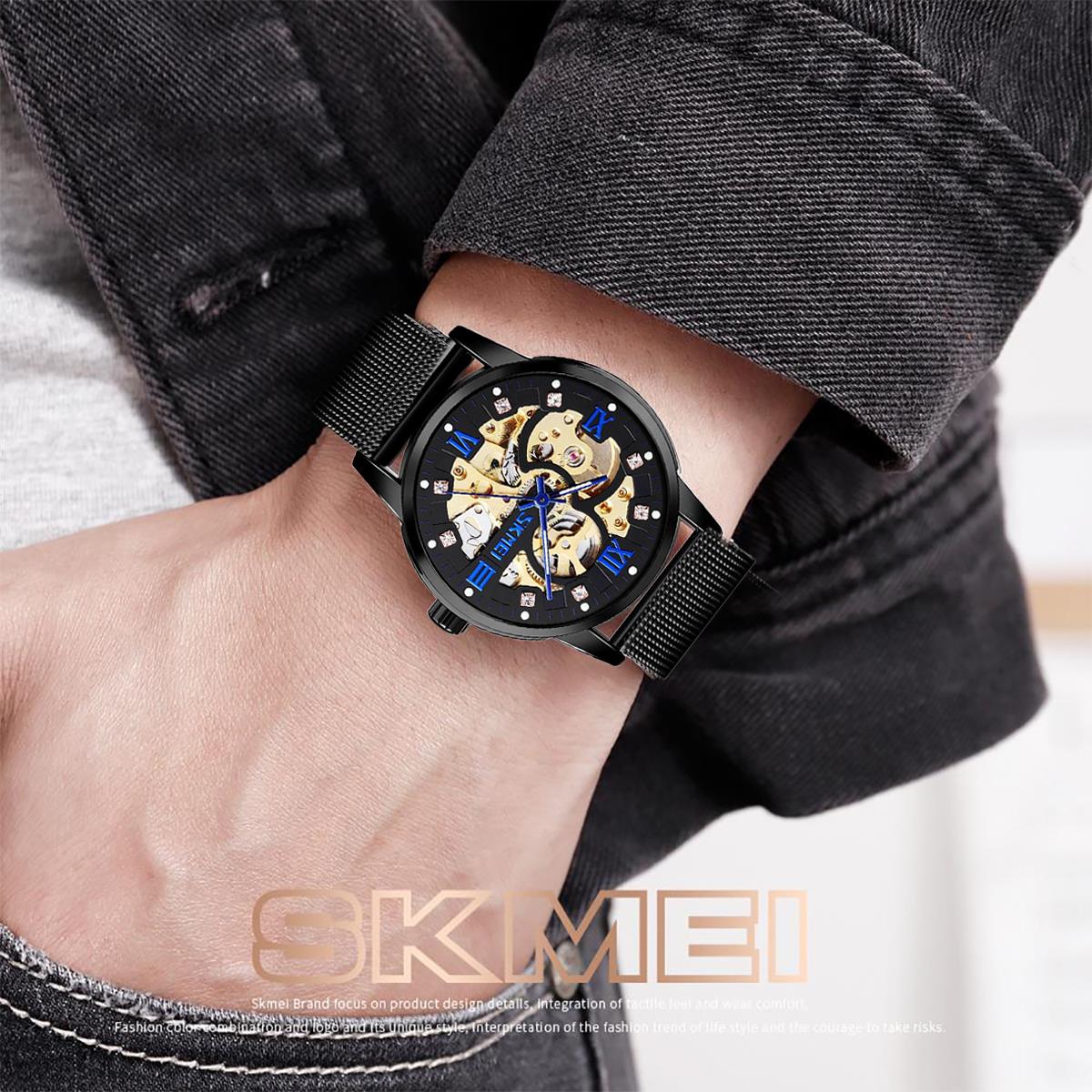 Skmei Mens Black Automatic Movement Skeleton Steampunk Watch Metal Mesh Strap With Crystal Stone Encrusted Hour Markers Collector SK9199