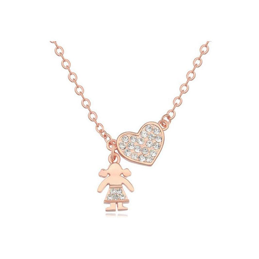 Girls Women's Rose Gold Heart Pendant Necklace With Girl & Heart Pendant UK