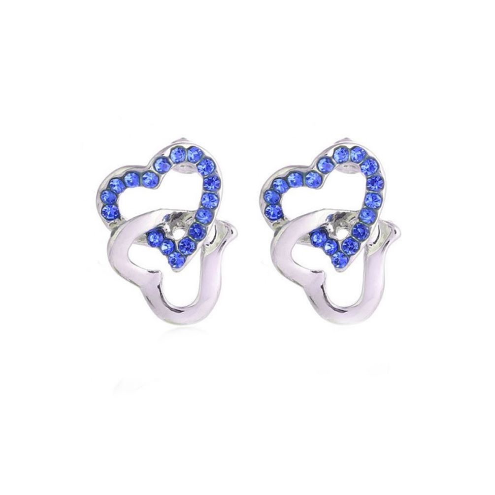 Women's Silver Tone Stud Earrings Dark Blue Stones Chained Heart Diamante UK Seller