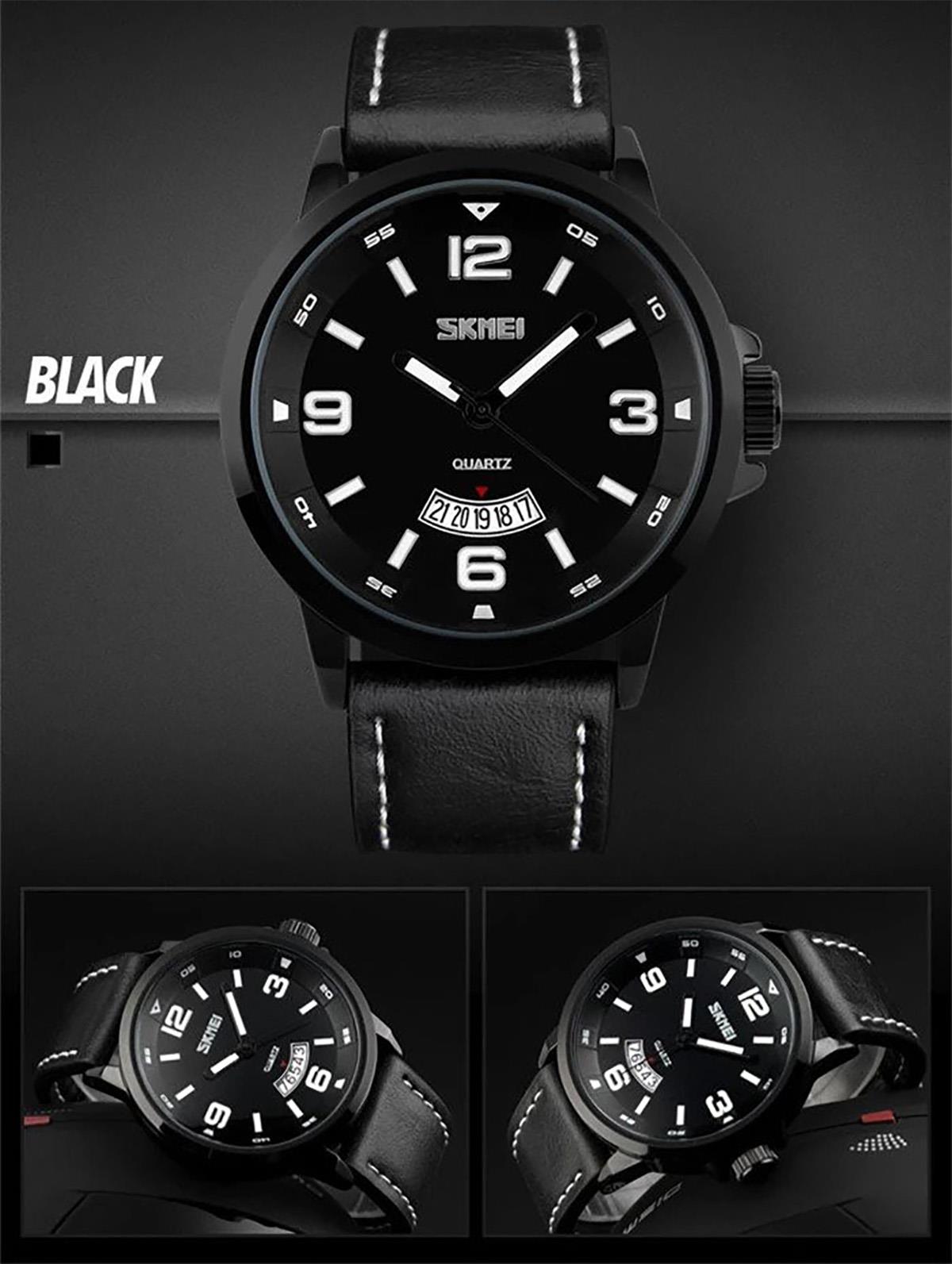 Skmei Mens Watch Classic Black Dial Genuine Leather Strap Date Display Window SK9115