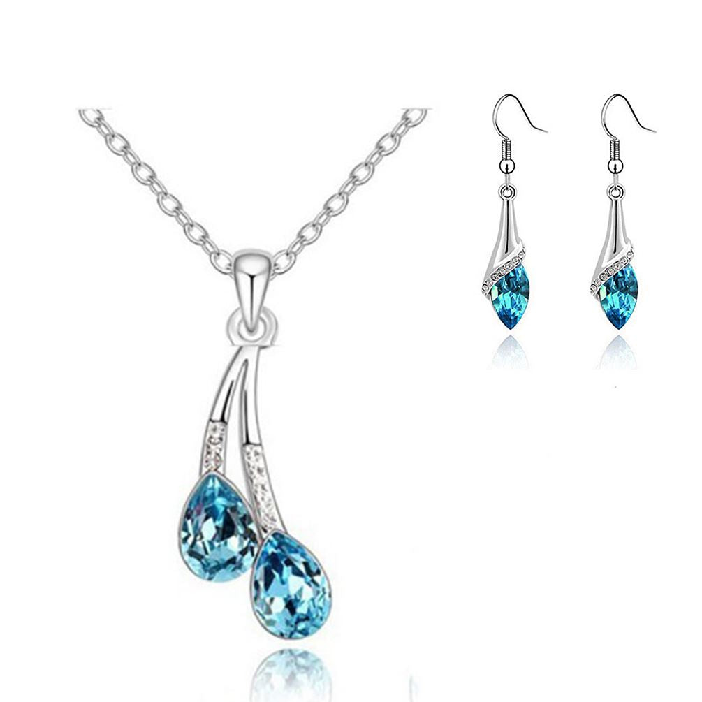 Sky Blue Women's Pendant Necklace And Drop Earrings Set Flower Waterdrop UK BGCW0064