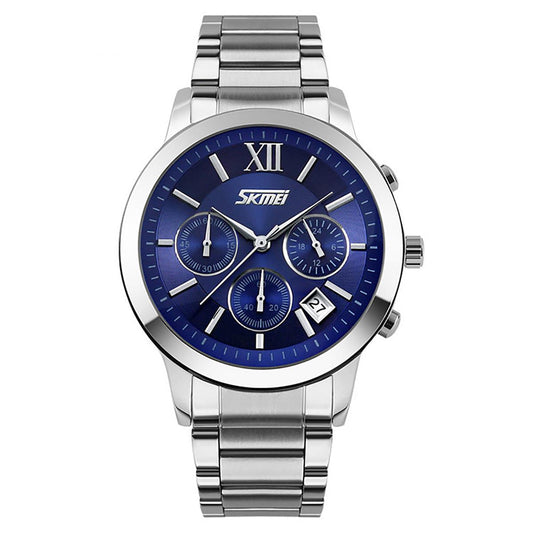 Skmei Mens Blue Chronograph Watch Multi Dial Date Display Steel Strap UK