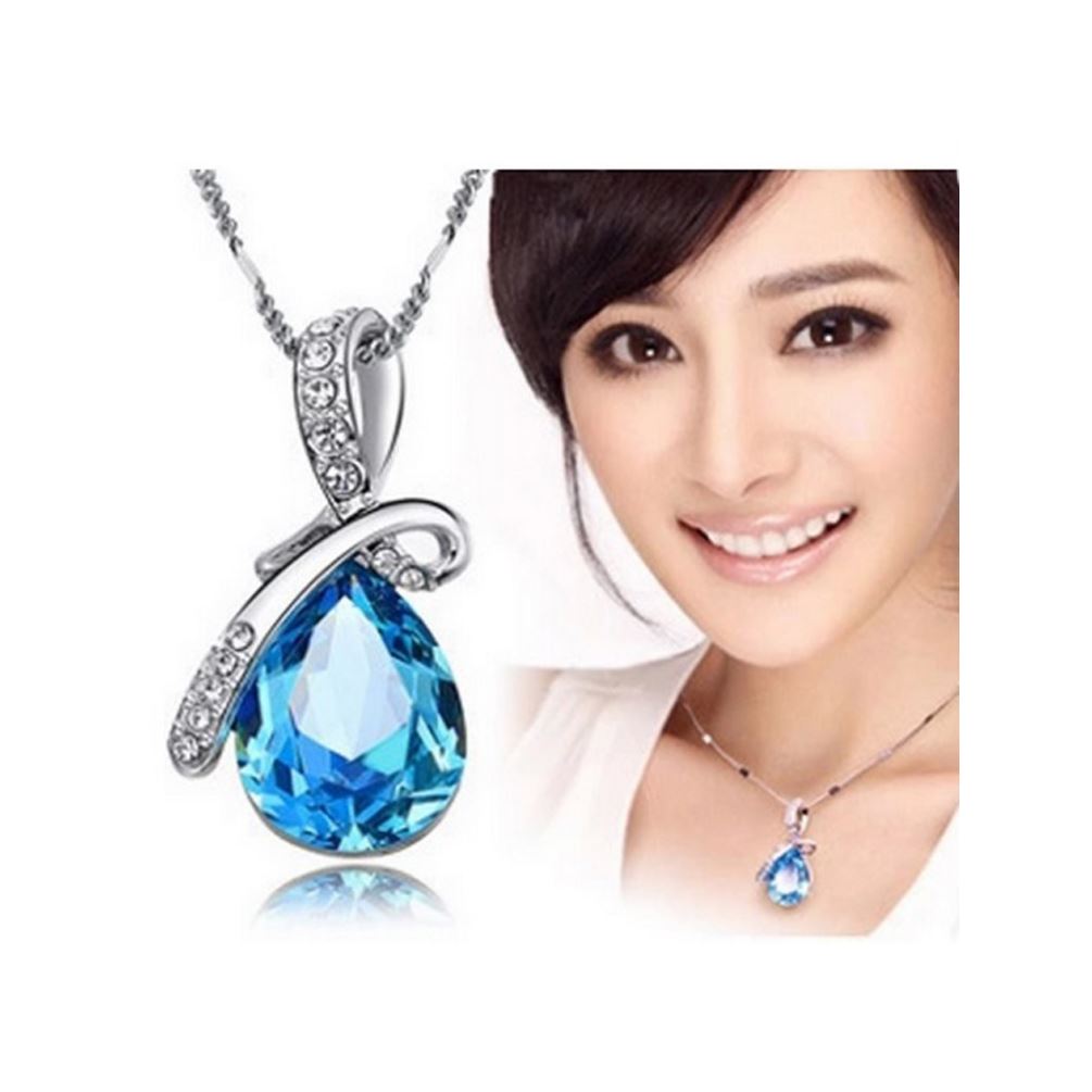 Sky BlueTeardrop Women's Pendant Necklace Crystal Stones Ribbon Design Jewellery UK Seller