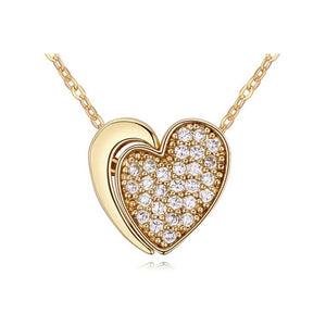 Gold Unique Two Part Heart Pendant Necklace Crystal Elements