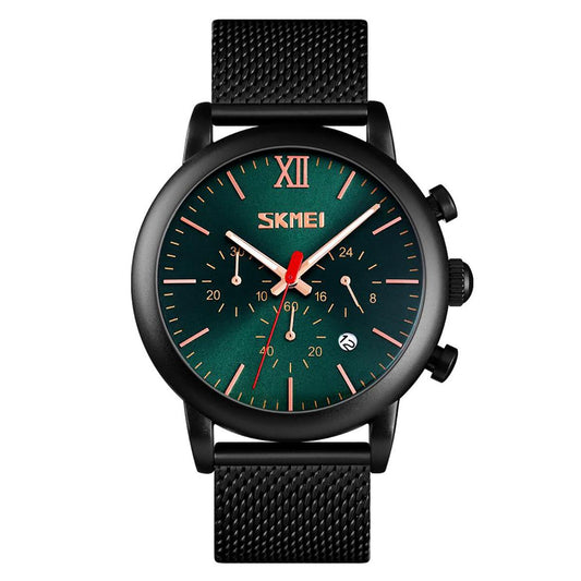 Skmei Mens Green Chronograph Quartz Watch Mesh Metal Strap Date Display SK9023