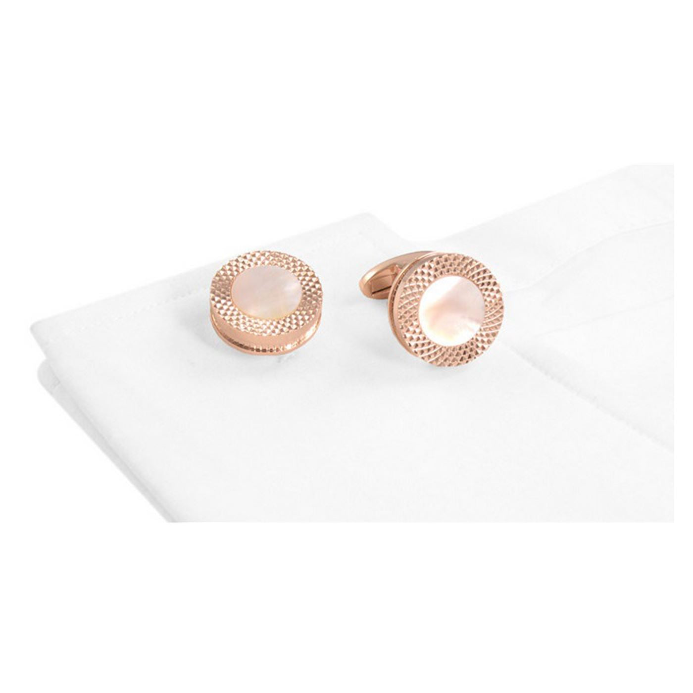 Round Rose Gold Cufflinks with White Marble Mother of Pearl Button