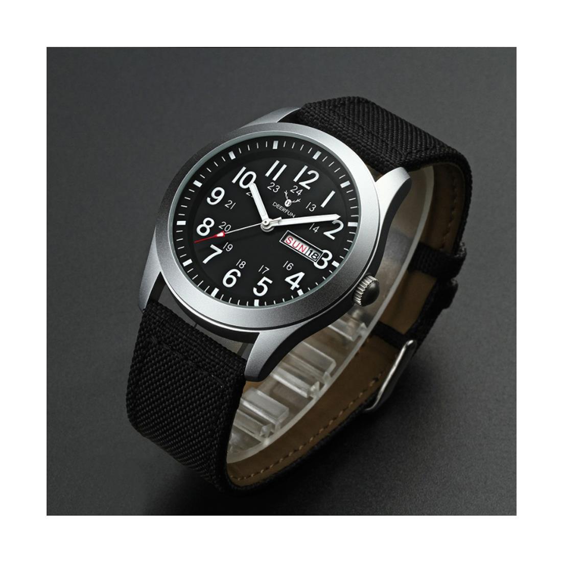 Deerfun  Mens Watch Black Silver Comfortable Material Strap With Day And Date Display