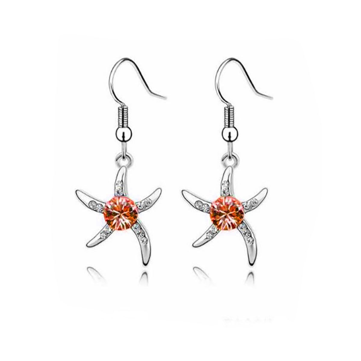 Women's Silver Starfish Necklace & Earrings Set Orange Crystal Stone Gift UK