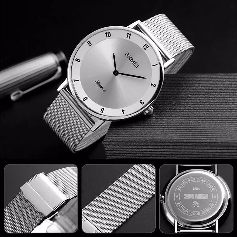 Skmei Mens Watch Classic Silver Dial Ultra Thin Stainless Steel Mesh Strap White Black