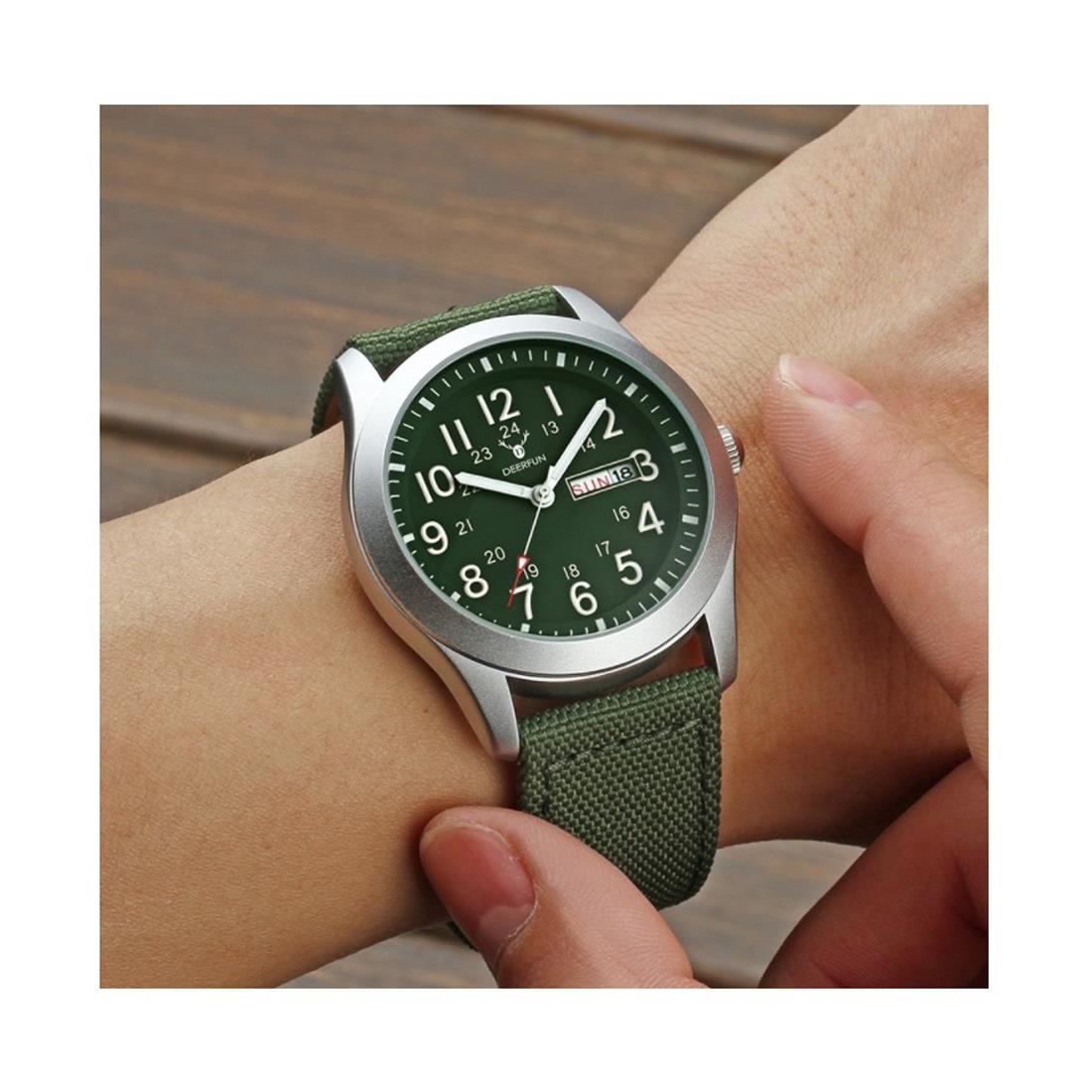 Deerfun Mens Watch Green Dial Silver Bezel A Material Strap And Day Date Display