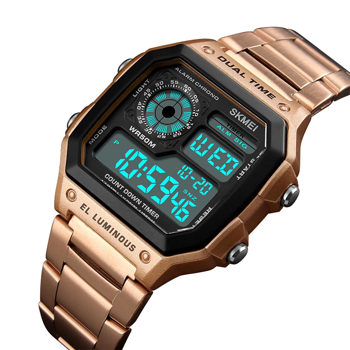 Skmei Rose Gold Smart Mens Digital Watch Clear Display Stainless Steel Strap Date Alarm Stopwatch DG1335G