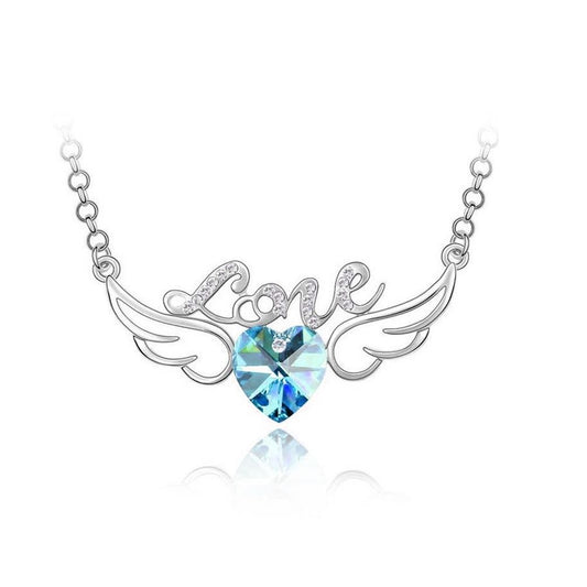 Women's Sky Blue & Silver 'Love' Pendant Necklace Angel Wings Crystal Stones Unique UK