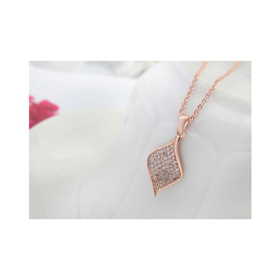 Women's Rose Gold Leaf Diamond Pendant Necklace Encrusted Crystal Stones UK Seller