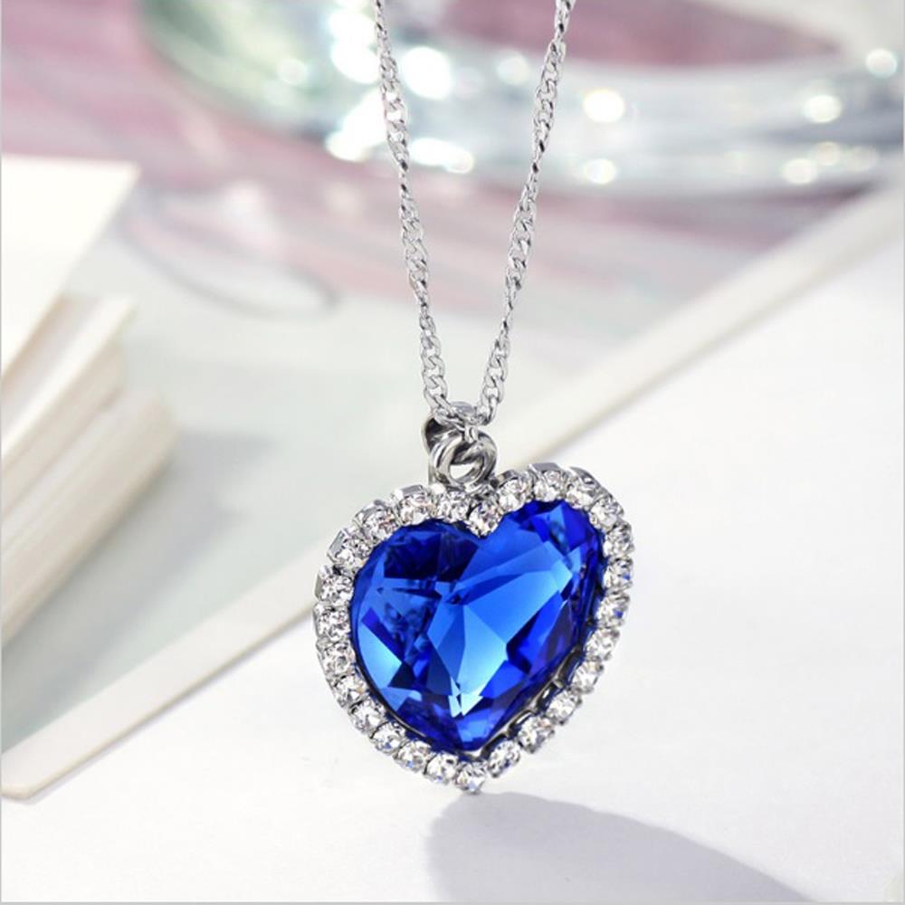 Women's Girls Blue Titanic Style Heart Ocean Necklace Earrings Set Crystal Elements