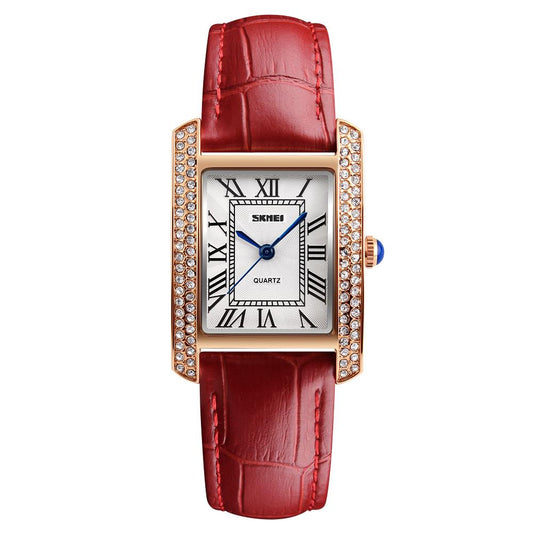 Skmei Women's Ladies Watch Classic Roman Genuine Leather Crystal Stones Red Rose Gold