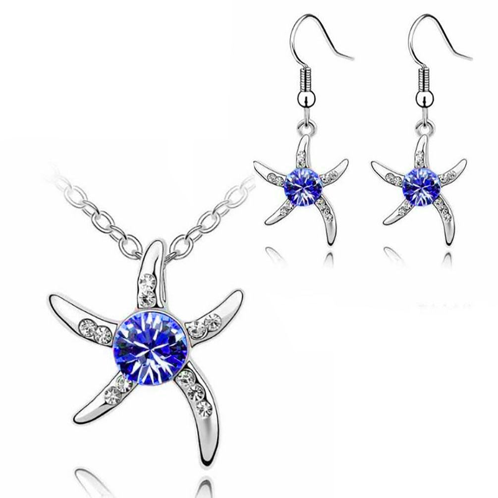 Silver Starfish Necklace & Earrings Jewellery Set Dark Blue from Charles William