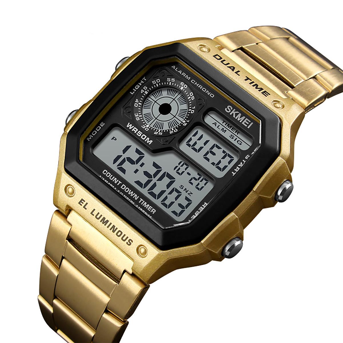 Skmei Gold Smart Mens Digital Watch Clear Display Stainless Steel Strap Date Alarm Stopwatch DG1335G