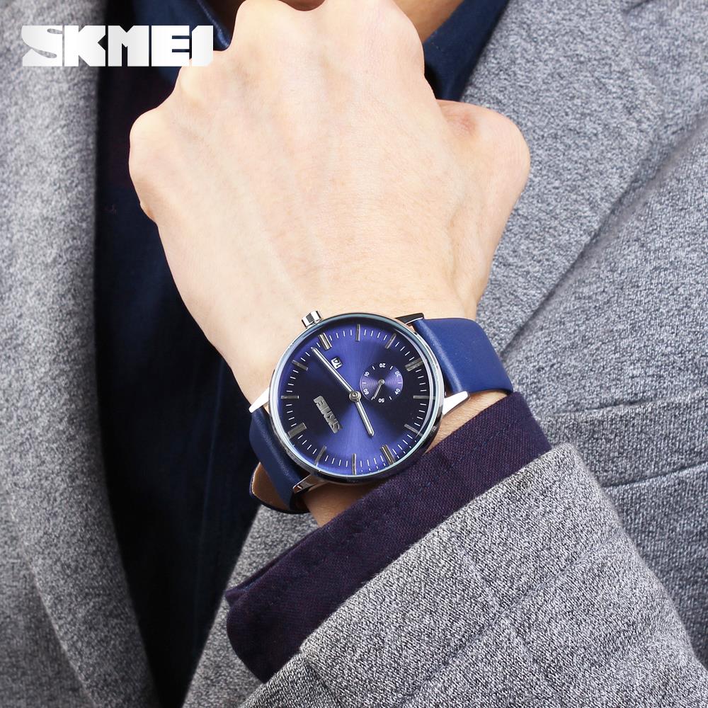 Skmei Mens Blue Classic Watch Genuine Leather Strap Date Display SK9083