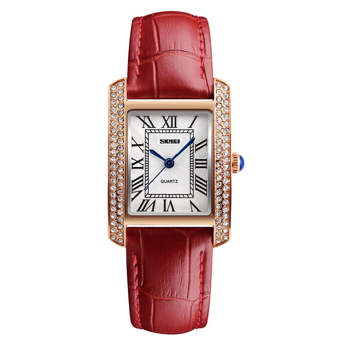 Skmei Women's Ladies Watch Classic Roman Genuine Leather Crystal Stones Red Rose Gold