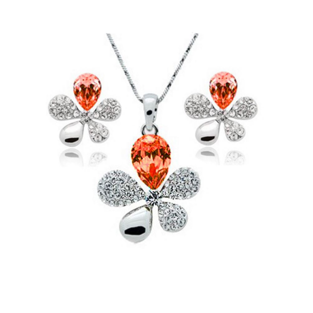 Orange Crystal Stones Flower Petal Leaf Earrings  & Necklace Set Gift Present UK Seller