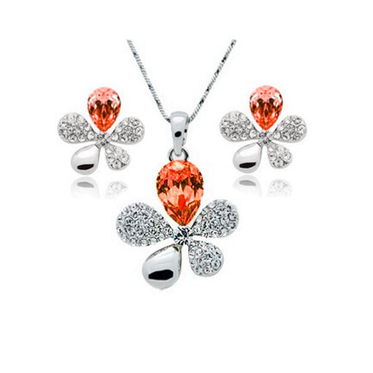 Orange Crystal Stones Flower Petal Leaf Earrings  & Necklace Set Gift Present UK Seller