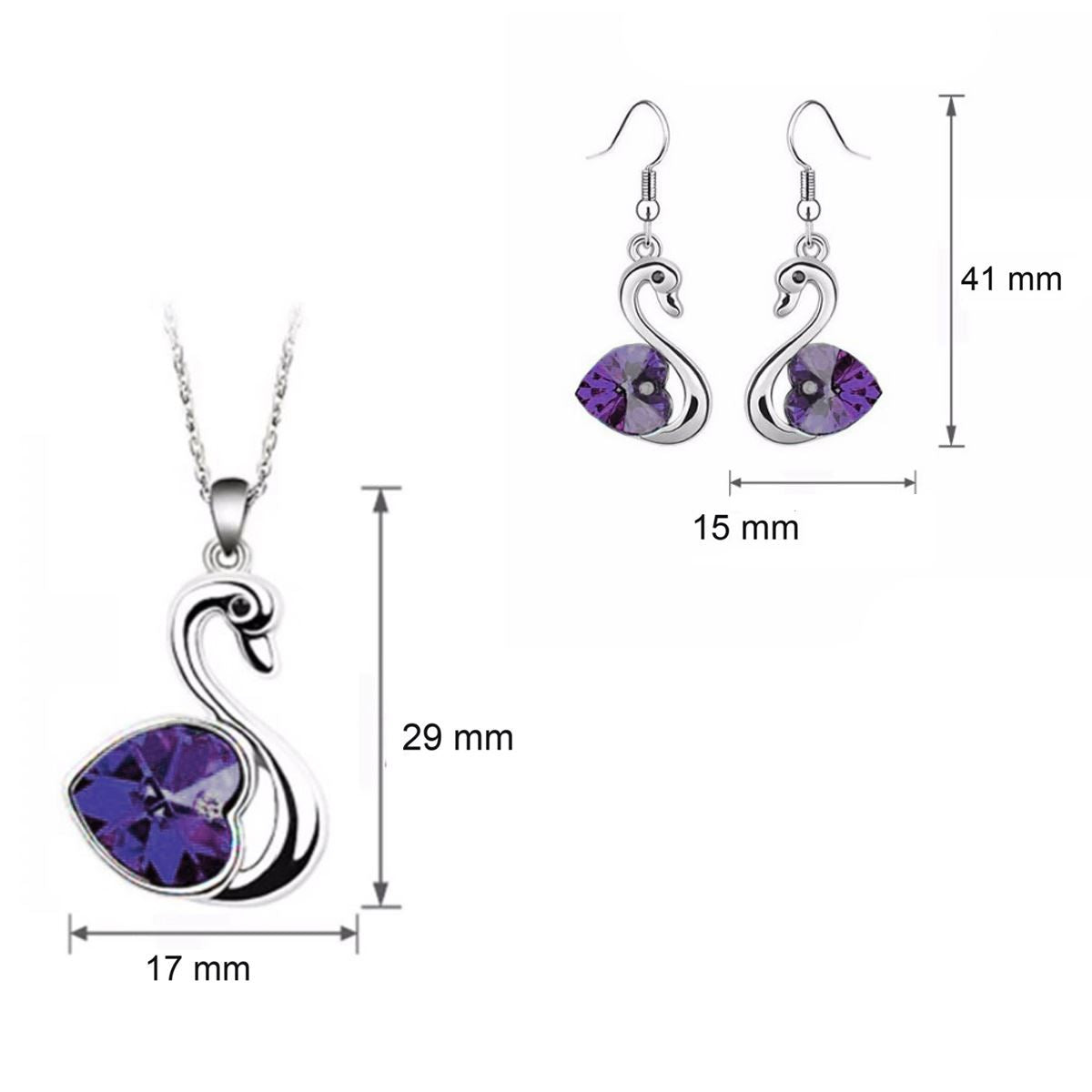 Crystal Love Heart In Dark Purple Swan Jewellery Set Earrings And Matching Necklace Silver