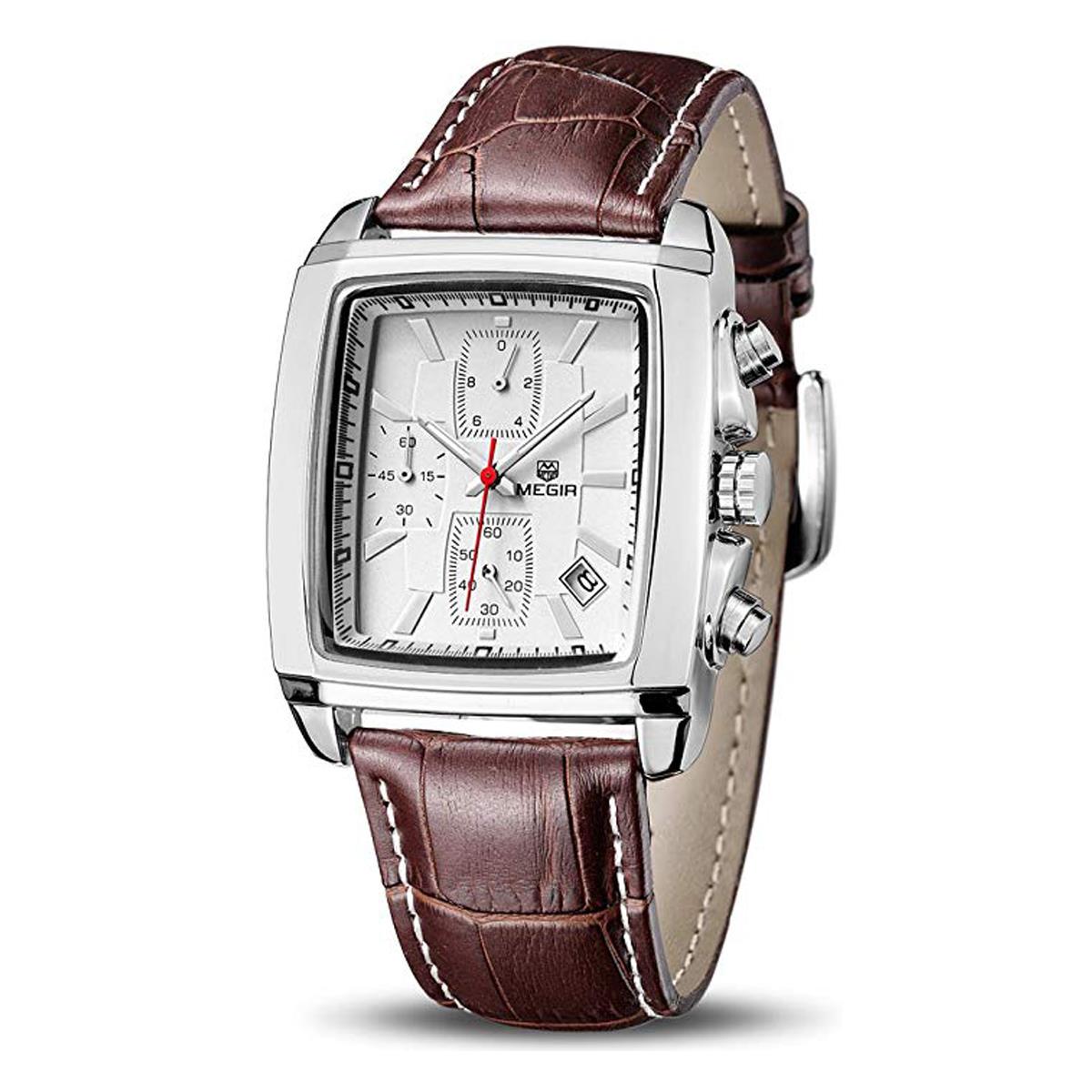 Megir Mens Quartz Analogue Watch Silver Brown Date Smart Watches Leather UK